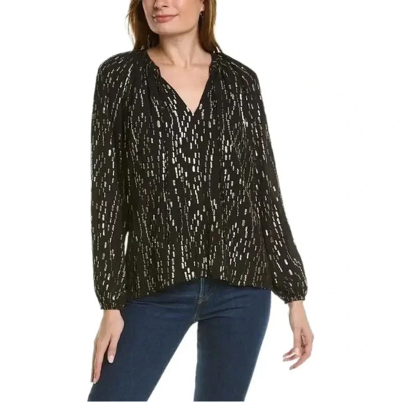 RAMY BROOK Wirth Blouse Black Gold V Neck Top Long Sleeve Small - Picture 1 of 5